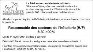 La Résidence « Les Martinets » recherche Responsable des secteurs de l’hôtellerie (H/F)
